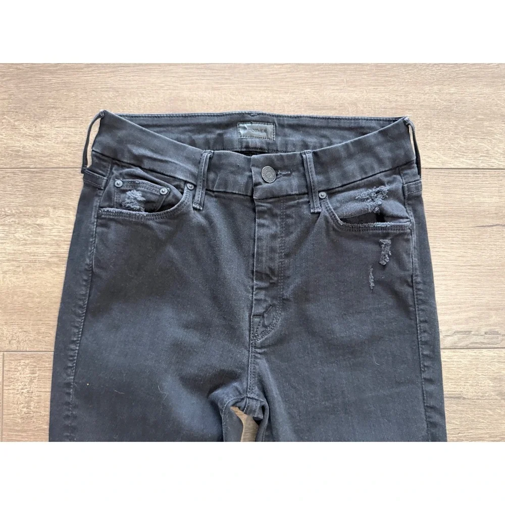 MOTHER Looker Ankle Fray Jeans Black Distressed High‎ Rise Skinny Leg Size 25